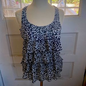 Black and white animal print ruffle blouse